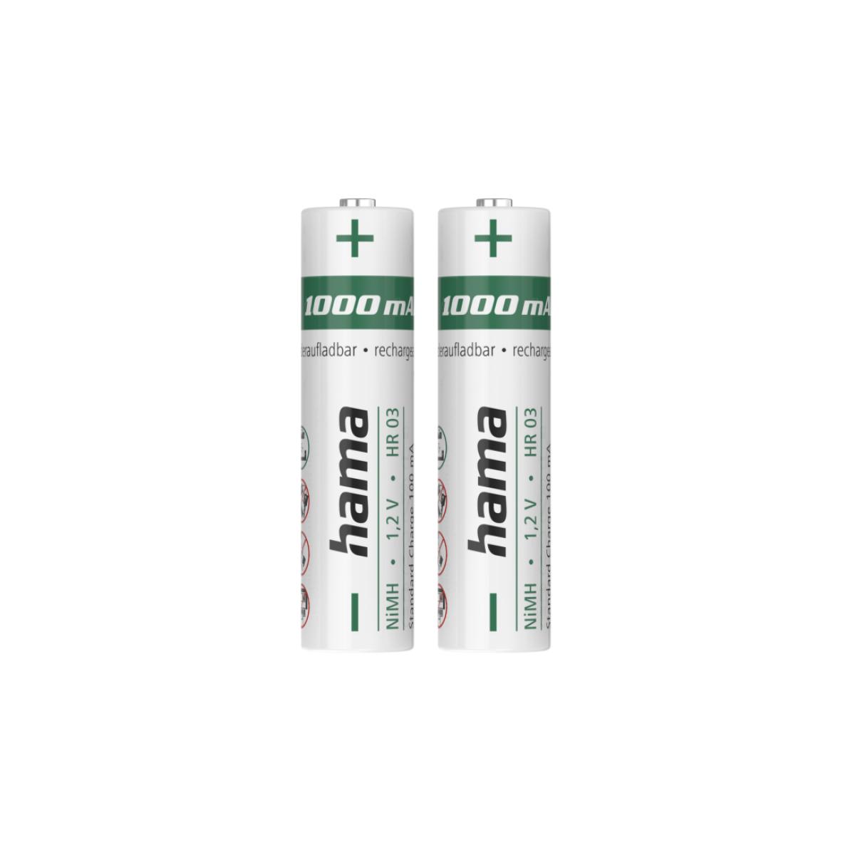 Hama NiMH Rechargeable Batteries, AAA Micro, 1000 mAh, 1.2 V, Ready for Immediate Use, 2 Pcs