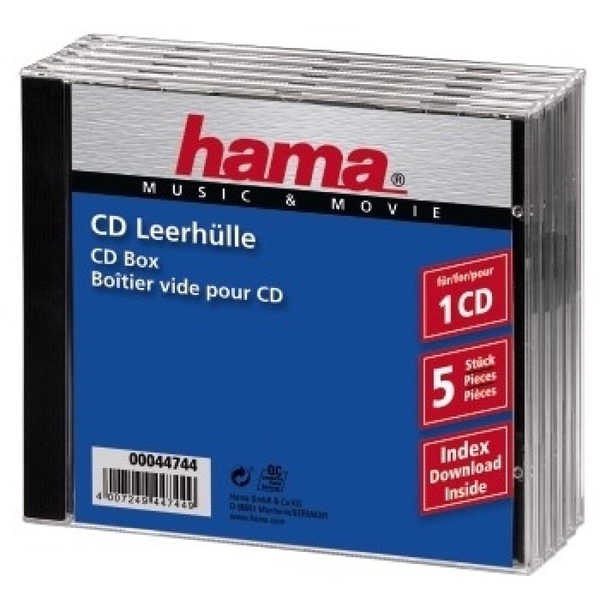 Hama CD Jewel Case Standard, Pack 5 C-shell case 1 discs Black, Transparent