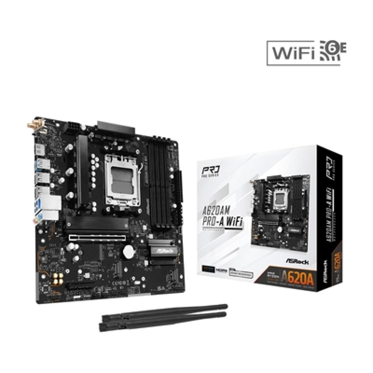 ASRock A620AM PRO-A WIFI AMD Socket AM5 Motherboard, 4 x DDR5 Slots, 3x M.2 Socket, 2.5GbE LAN, Wi-Fi 6E, 1x HDMI Port