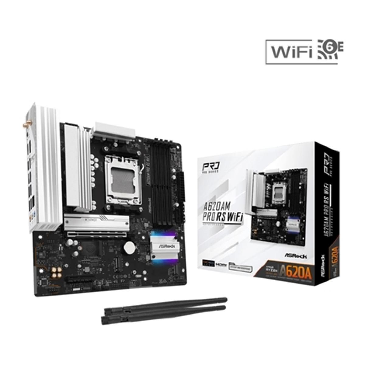 ASRock A620AM Pro RS WiFi AMD Socket AM5 Motherboard, 4x DDR5 Slots, 3x M.2 Socket, 2.5GbE LAN, Wi-Fi 6E, 1x HDMI Port / 1x DisplayPort