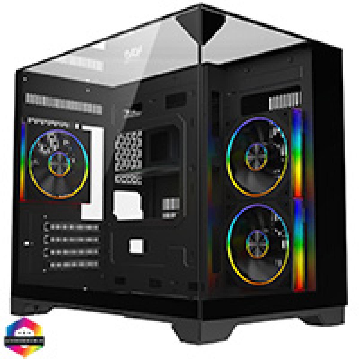 Powercool Atom Black mATX Gaming Case Dual Chamber With 3 x Tempered Glass Panels With 3 x CiT Saturn PWM ARGB Fans and 6 Port PWM Hub