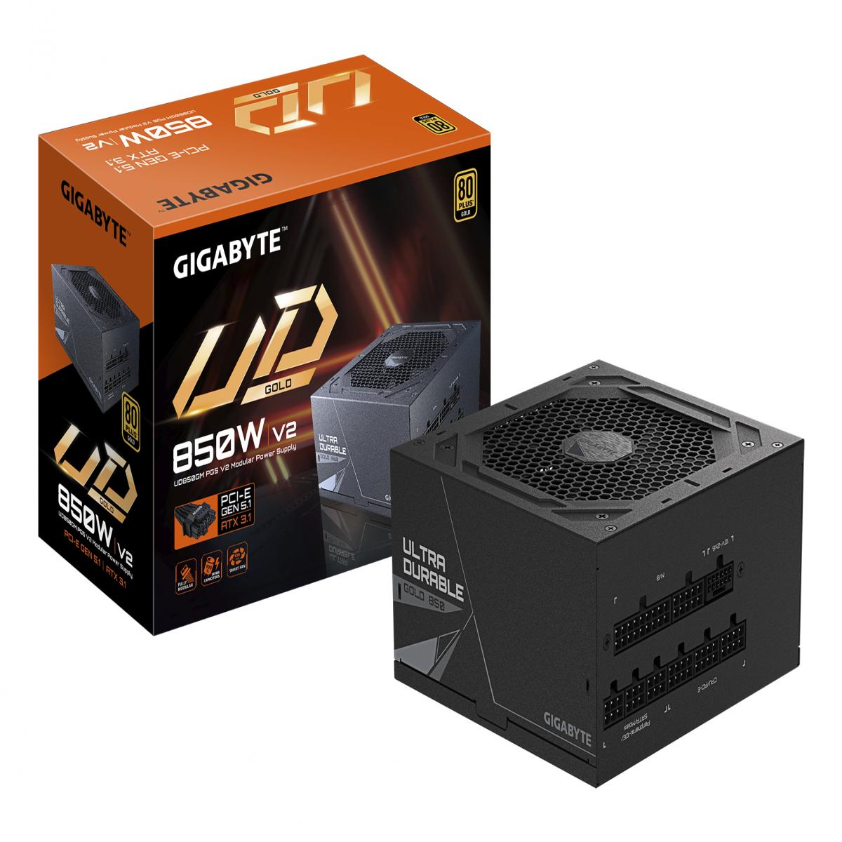 GIGABYTE GP-UD850GM 850W V2, 80 Plus Gold Certified Fully Modular Power Supply, PCIe Gen 5.1, 80 PLUS Gold, Fully Modular Design, 120mm Fan, ATX 3.1 compatible, UK Plug
