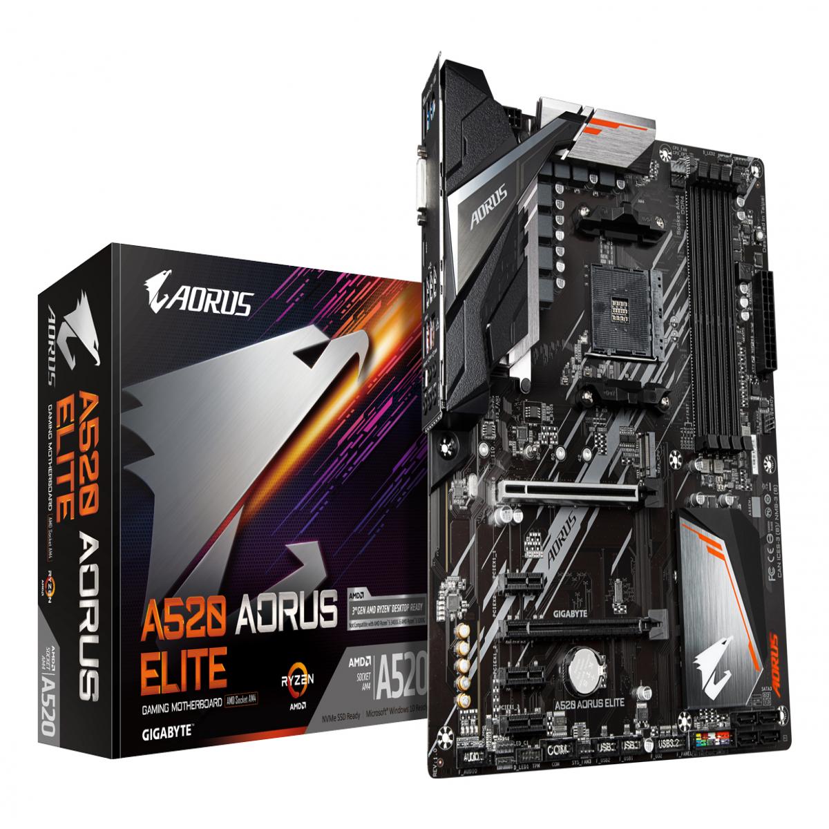 Gigabyte A520 AORUS ELITE (rev. 1.0) AM4 Socket Motherboard, ATX, 4x DDR4 Slots, 1x M.2 Socket, GbE LAN, 1 x DVI-D/1x HDMI Port