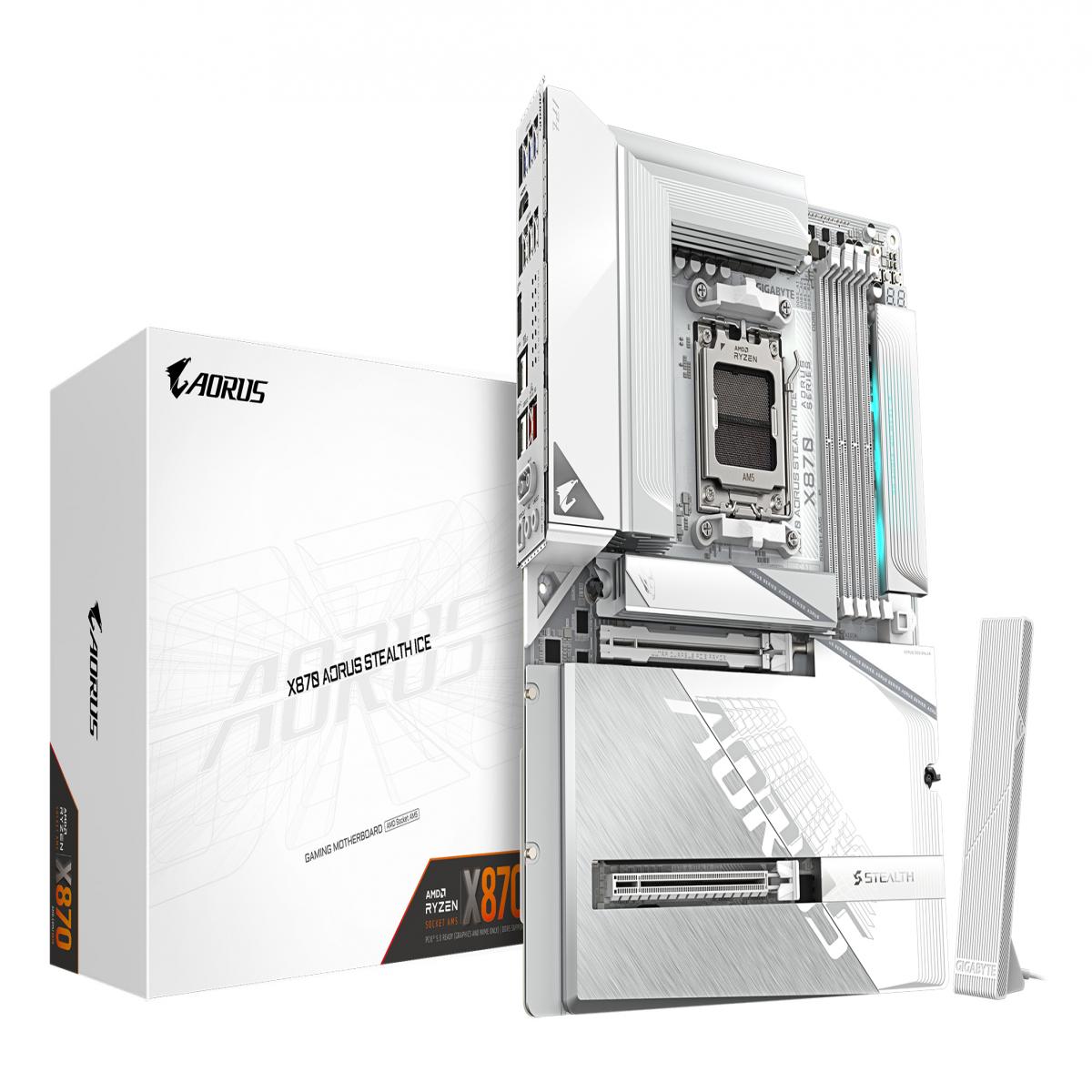 Gigabyte X870 AORUS STEALTH ICE AMD AM5 Socket Motherboard, ATX, 4x DDR5 Slots, 3x M.2 Socket, 5GbE LAN, 1x HDMI Port / 2x USB-C (USB4)