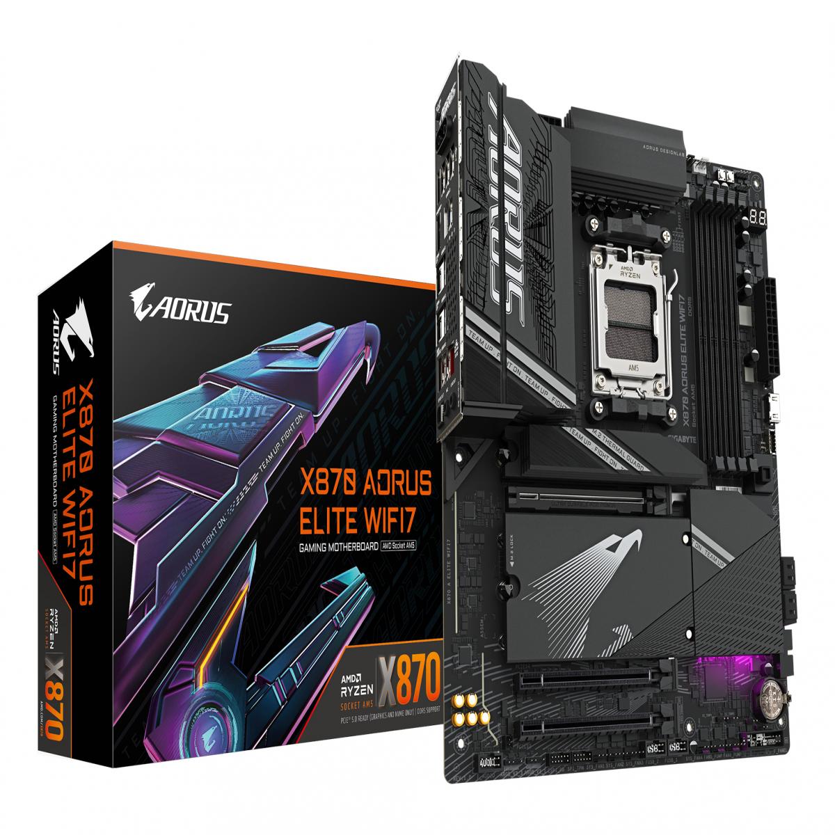 Gigabyte X870 AORUS ELITE WIFI7 AMD AM5 Socket Motherboard, ATX, 4x DDR5 Slots, 4x M.2 Sockets, Fitted I/O Shield, 2.5GbE LAN, Wi-Fi 7, 1x HDMI Port / 2x USB-C (USB4)
