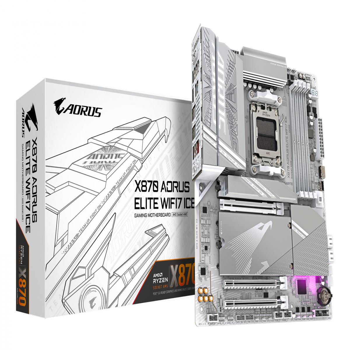 Gigabyte X870 AORUS ELITE WIFI7 ICE AMD AM5 Socket Motherboard, ATX, 4x DDR5 Slots, 4x M.2 Sockets, Fitted I/O Shield, 2.5GbE LAN, Wi-Fi 7, 1x HDMI Port / 2x USB-C (USB4)