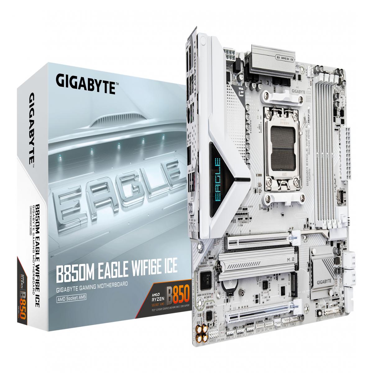 Gigabyte B850M Eagle WIFI6E ICE AMD AM5 Socket Motherboard, Micro ATX, 4x DDR5 Slots, 3x M.2 Sockets, Wi-Fi 6E, 2x DisplayPort / 1x HDMI Port