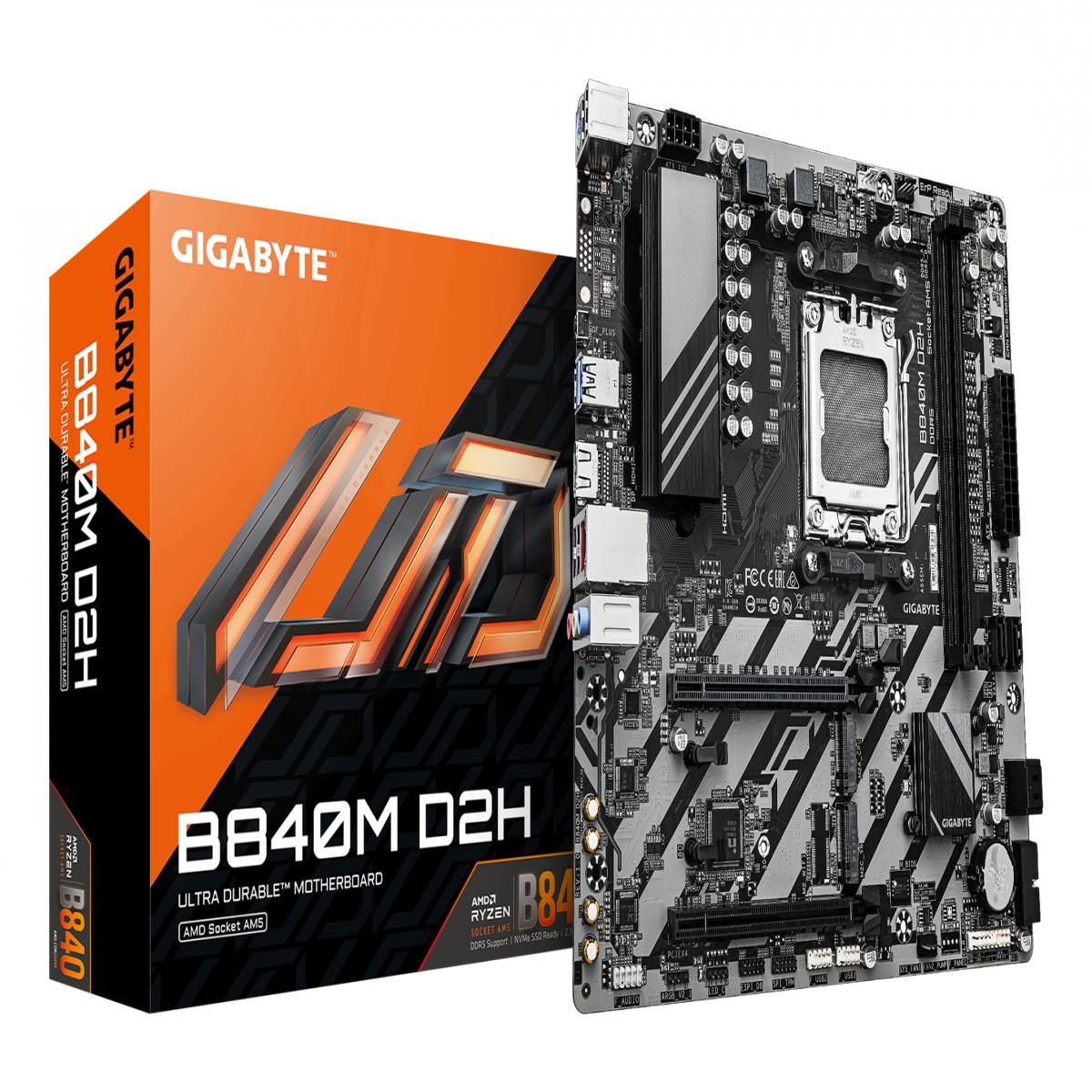 GIGABYTE B840M D2H Motherboard - AMD Ryzen 9000 CPUs, 5+2+2 Phases VRM, up to 7600MHz DDR5, 1xPCIe 4.0 + 1xPCIe 3.0 M.2, 2.5GbE LAN, USB 3.2 Gen 1