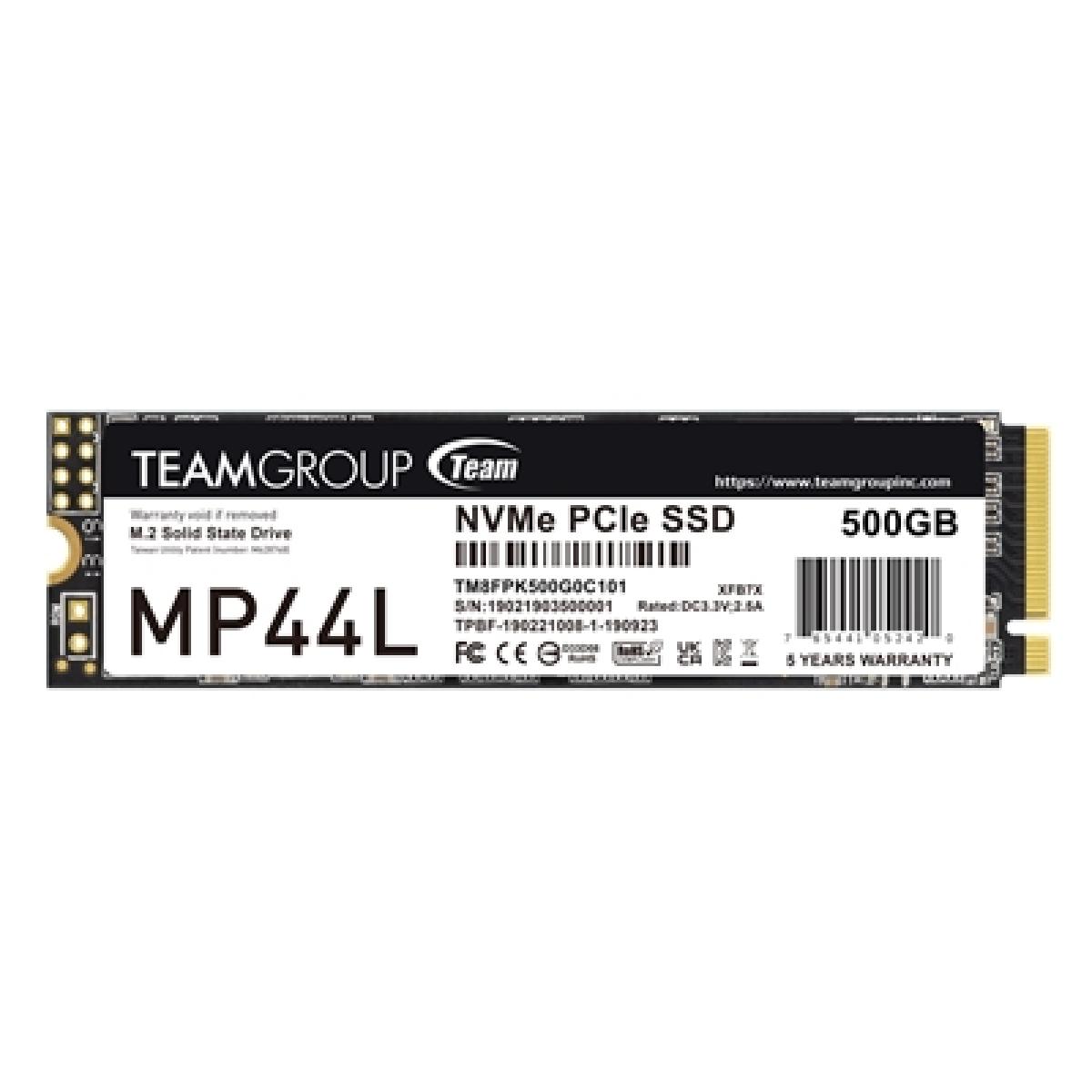 Team MP44L (TM8FPK500G0C101) 500GB NVMe SSD, PCIe Gen4, M.2 Interface, 2280, Read 5000 MB/s, Write 3700 MB/s, 5 Year Warranty