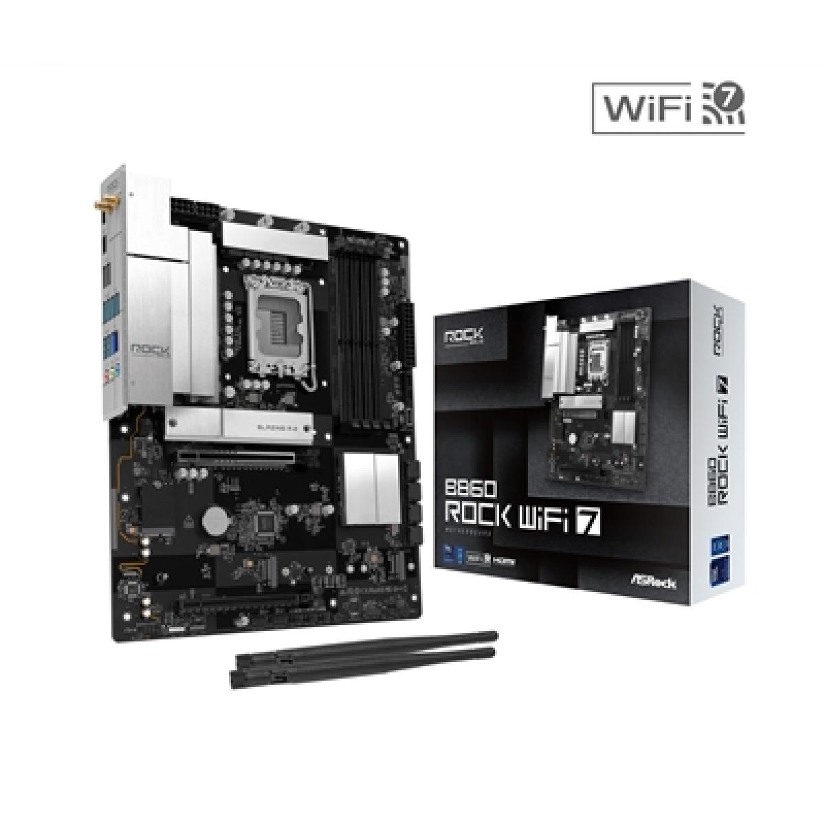 ASRock B860 Rock WiFi 7 Intel 1851 Socket Motherboard, ATX, 4x DDR5 Slots, 3x M.2 Socket, Fitted I/O Shield, 2.5GbE LAN, Wi-Fi 7, 1x HDMI Port