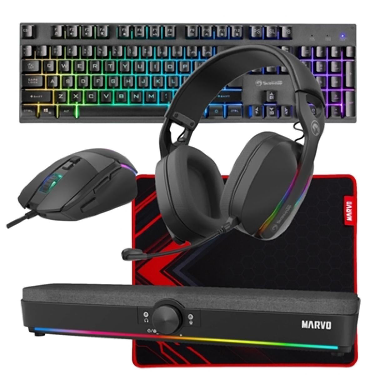 Marvo Scorpion 6-Product Gaming & Streaming Bundle featuring Gaming Keyboard, Programmable USB Mouse, Non-Slip Mousepad, PC & Console-Compatible Gaming Headset, RGB Stereo Soundbar & USB Streaming Microphone