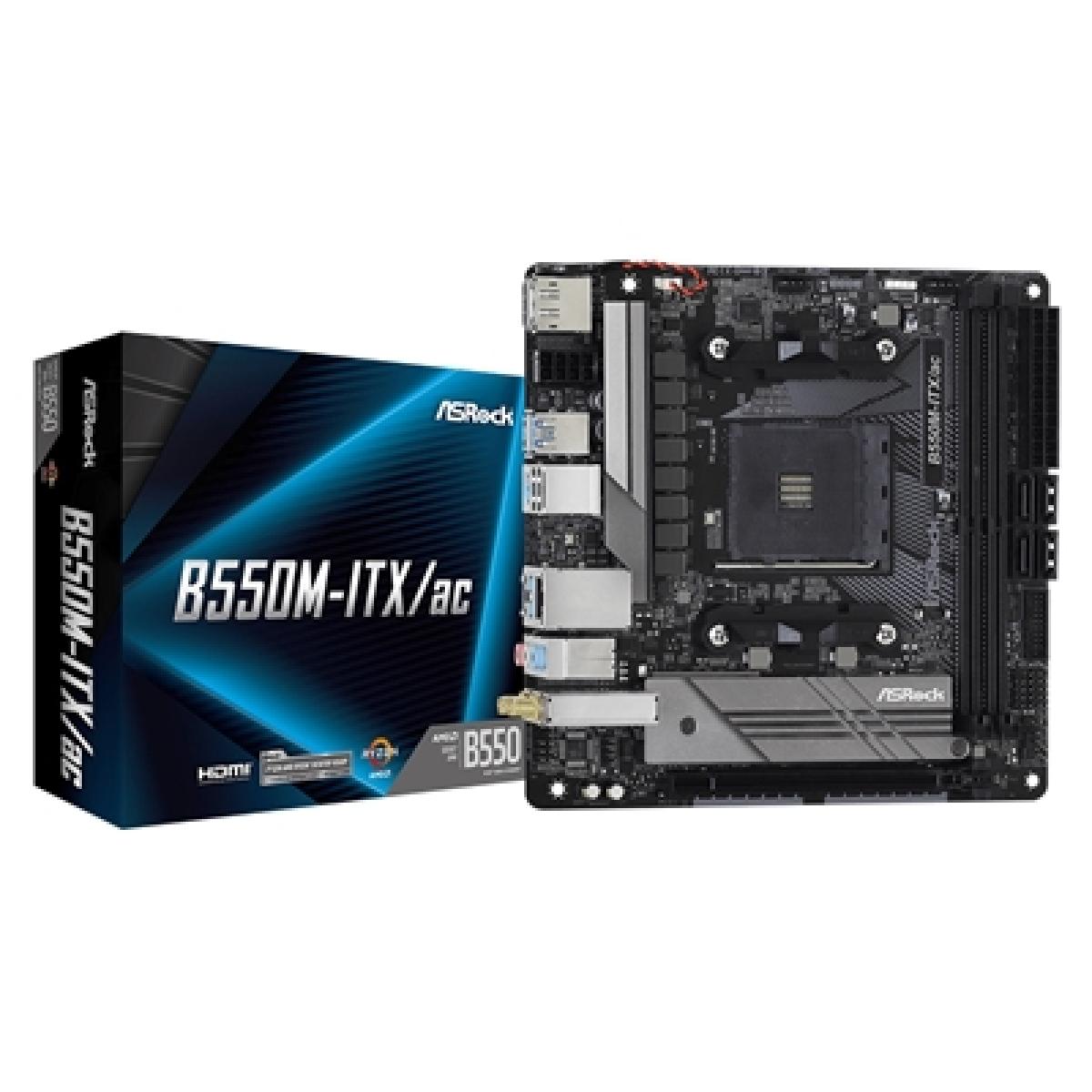ASRock B550M-ITX/ac AMD AM4 Socket Motherboard, Mini-ITX, 2x DDR4 Slots, 1x M.2 Socket, GbE LAN, Wi-Fi 5, 1x DisplayPort / 1x HDMI Port