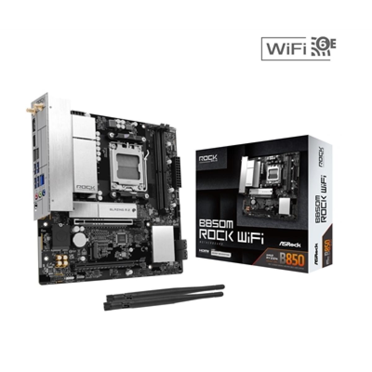 ASRock B850M Rock WiFi AMD AM5 Socket Motherboard, Micro-ATX, 2x DDR5 Slots, 2x M.2 Socket, Fitted I/O Shield, 2.5GbE LAN, Wi-Fi 6E, 1x DisplayPort / 1x HDMI Port