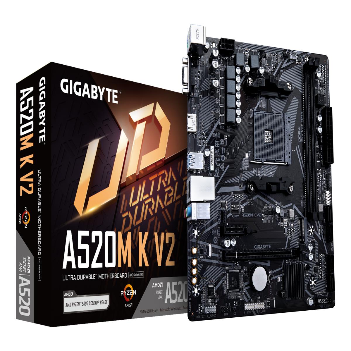 GIGABYTE A520M K V2 Motherboard - Supports AMD Ryzen 5000 Series AM4 CPUs, up to 5100MHz DDR4 (OC), PCIe Gen3 x4 M.2, GbE LAN, USB 3.2 Gen 1