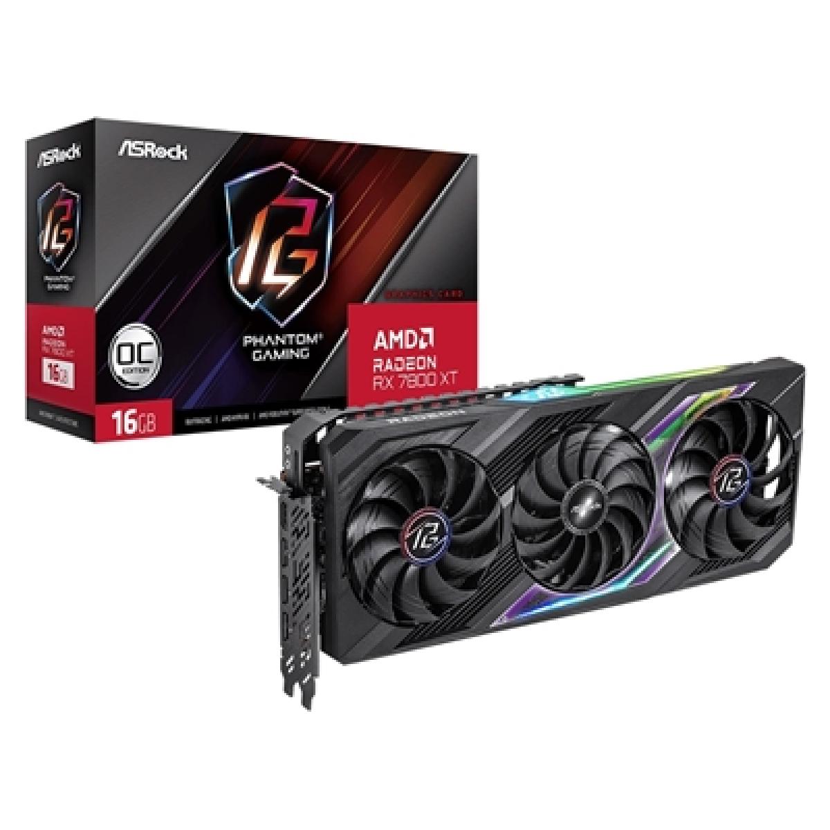 ASRock AMD Radeon RX 7800 XT Phantom Gaming 16GB OC Graphics Card, 16GB GDDR6, 3840 Streams, 2565 MHz Boost Clock, Triple Fan, RGB, 3x DisplayPorts / 1x HDMI Port