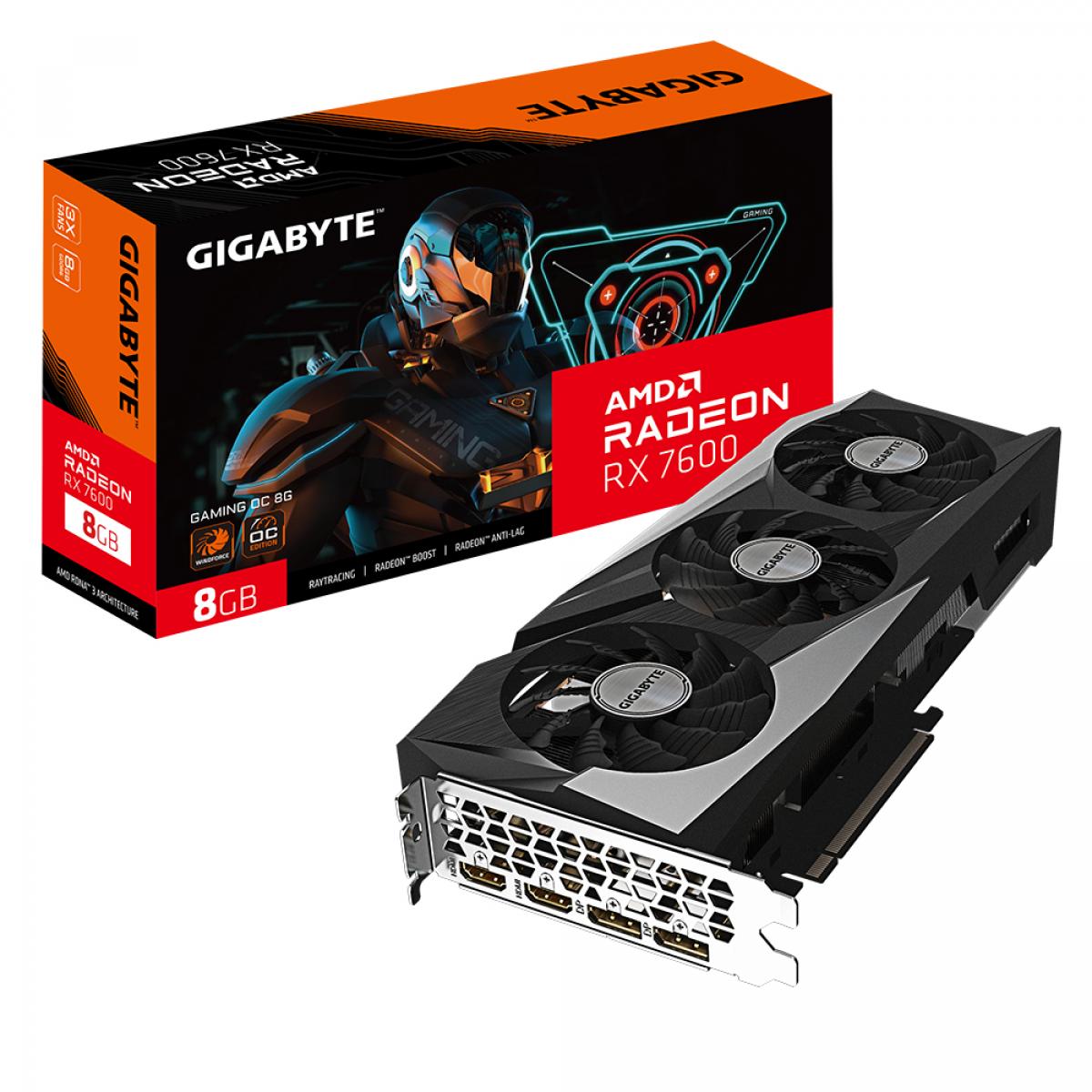 Gigabyte AMD Radeon RX 7600 GAMING OC 8GB GDDR6 Graphics Card, 2048 Streams, 2755 MHz Boost Clock, Triple Fan, RGB, 2x DisplayPorts / 2x HDMI Ports