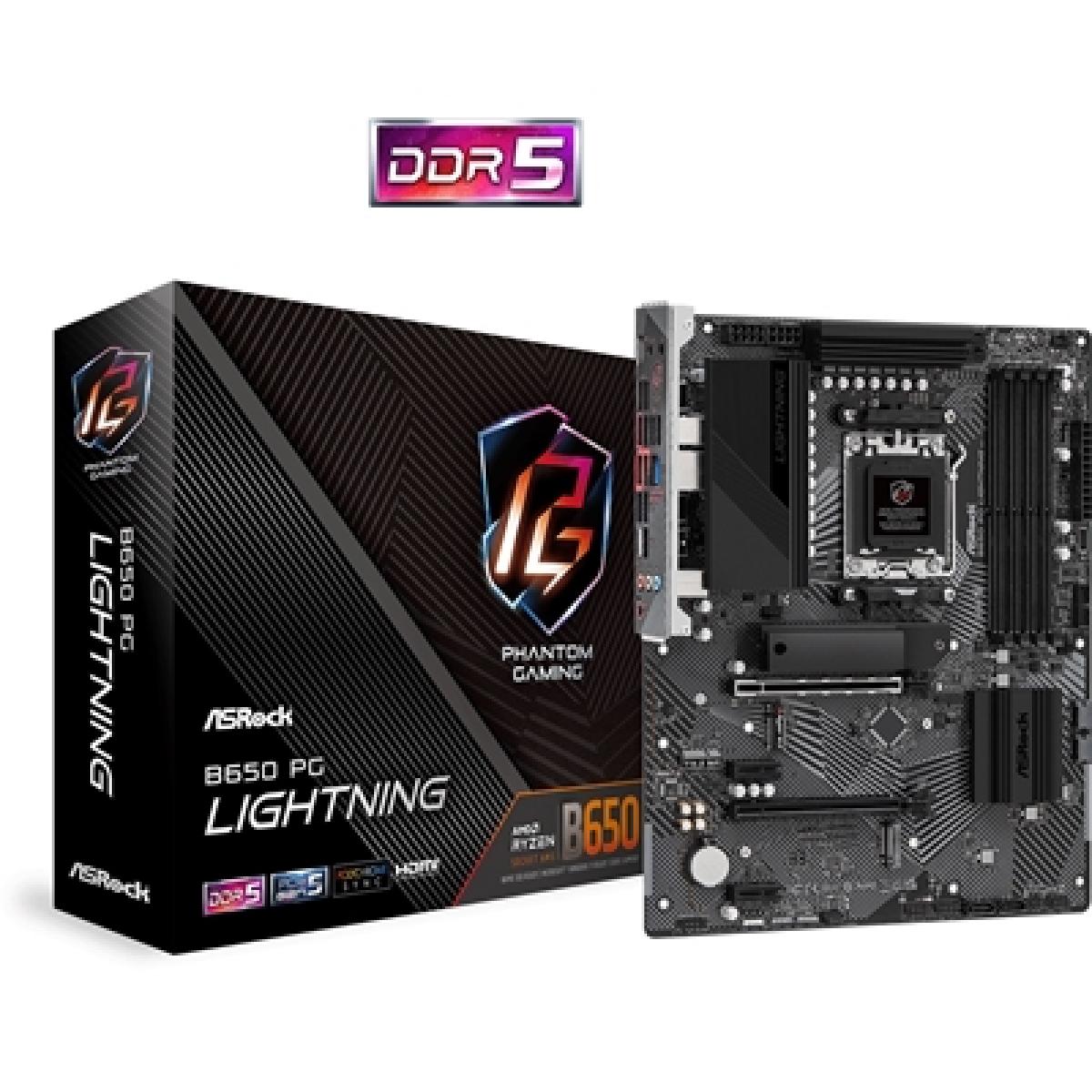 ASRock B650 PG Lightning AMD AM5 Socket Motherboard, ATX, 4x DDR5 Slots, 3x M.2 Sockets, Fitted I/O Shield, 2.5GbE LAN, 1x HDMI Port