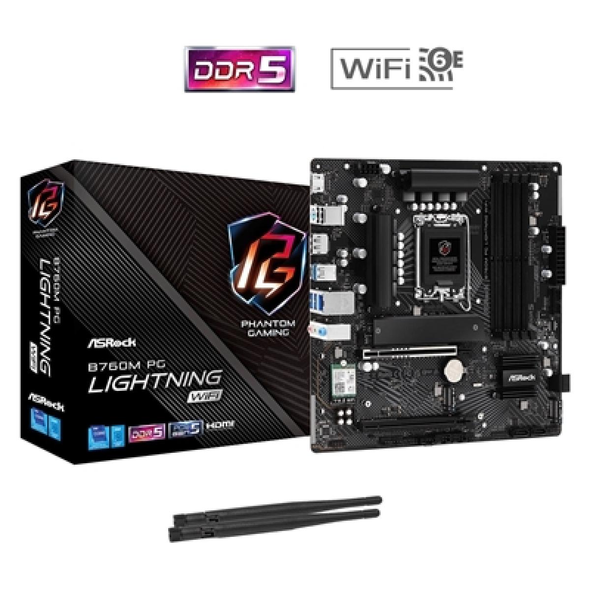 ASRock B760M PG Lightning WiFi Intel 1700 Socket Motherboard, Micro-ATX, 4x DDR5 Slots, 4x M.2 Sockets, 1x USB-C Port, 2.5GbE LAN, Wi-Fi 6E, 1x DisplayPort / 1x HDMI Port