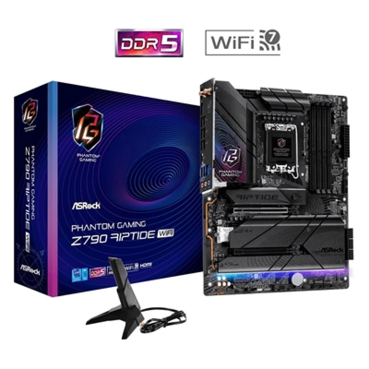 ASRock Z790 Riptide WiFi PHANTOM GAMING Intel 1700 Socket Motherboard, ATX, 4x DDR5 Slots, 5x M.2 Sockets, Fitted I/O Shield, 2.5GbE LAN, Wi-Fi 7, 1x DisplayPort / 1x HDMI Port