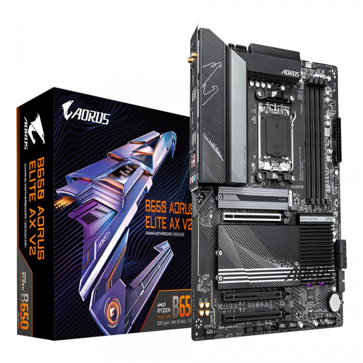 Gigabyte B650 AORUS ELITE AX V2 AMD AM5 Socket Motherboard, ATX, 4x DDR5 Slots, 3x M.2 Sockets, Fitted I/O Shield, 2.5GbE LAN, Wi-Fi 6E, 1x Display Port 1.4 / 1x HDMI Ports