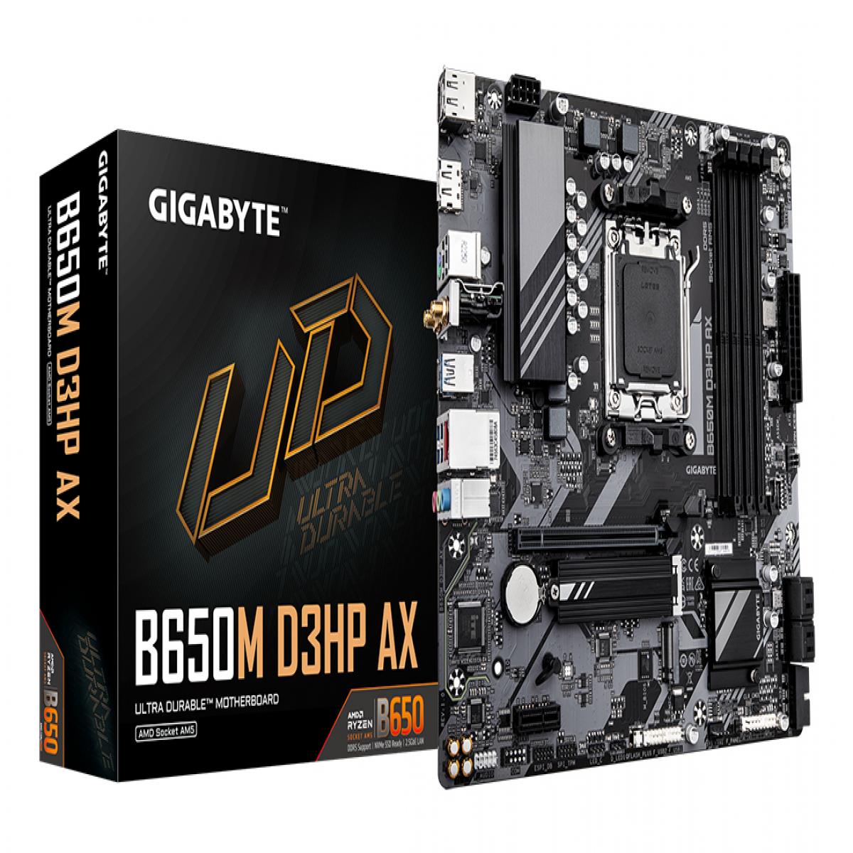 Gigabyte B650M D3HP AX Ultra Durable AMD AM5 Socket Motherboard, Micro-ATX, 4x DDR5 Slots, 2x M.2 Sockets, 2.5GbE LAN, Wi-Fi 6E, 2x DisplayPorts / 1x HDMI Port