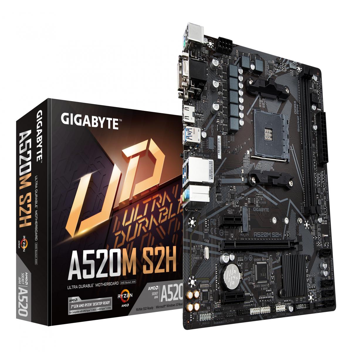 Gigabyte A520M S2H Ultra Durable AMD AM4 Socket Motherboard, Micro-ATX, 2x DDR4 Slots, 1x M.2 Socket, GbE LAN, 1x D-Sub / 1x DVI-D / 1x HDMI Port