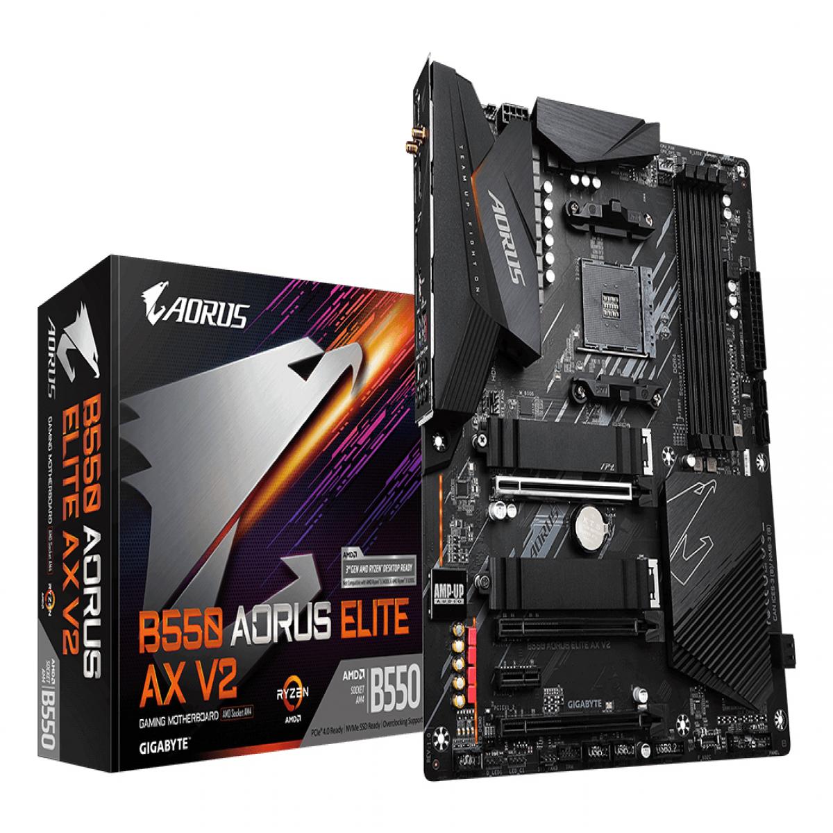 Gigabyte B550 AORUS ELITE AX V2 AMD AM4 Socket Motherboard, ATX, 4x DDR4 Slots, 2x M.2 Sockets, Fitted I/O Shield, 2.5GbE LAN, Wi-Fi 6, 1x DisplayPort / 1x HDMI Port