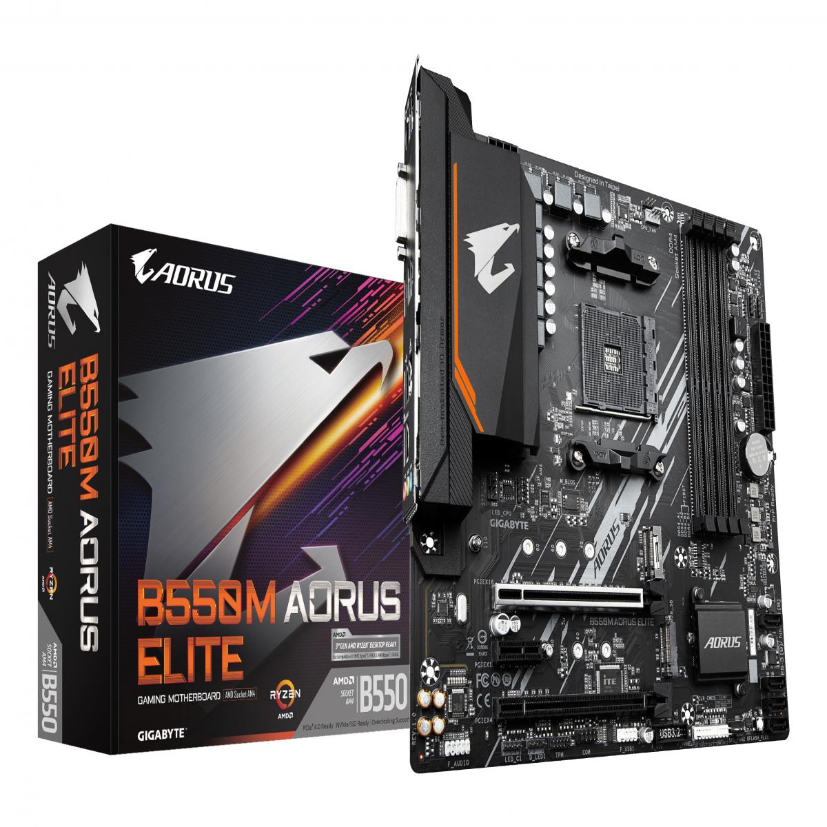 Gigabyte B550M AORUS ELITE Ultra Durable AMD AM4 Socket Motherboard, Micro-ATX, 4x DDR4 Slots, 2x M.2 Sockets, Fitted I/O Shield, GbE LAN, 1x DVI-D / 1x HDMI Port
