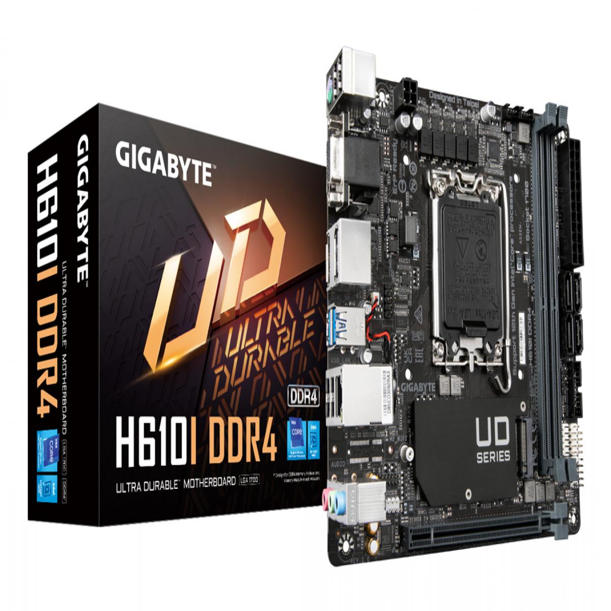 Gigabyte H610I DDR4 Ultra Durable Intel 1700 Socket Motherboard, Mini-ITX, 2x DDR4 Slots, 1x M.2 Socket, GbE LAN, 1x D-Sub / 2x DisplayPorts / 1x HDMI Port