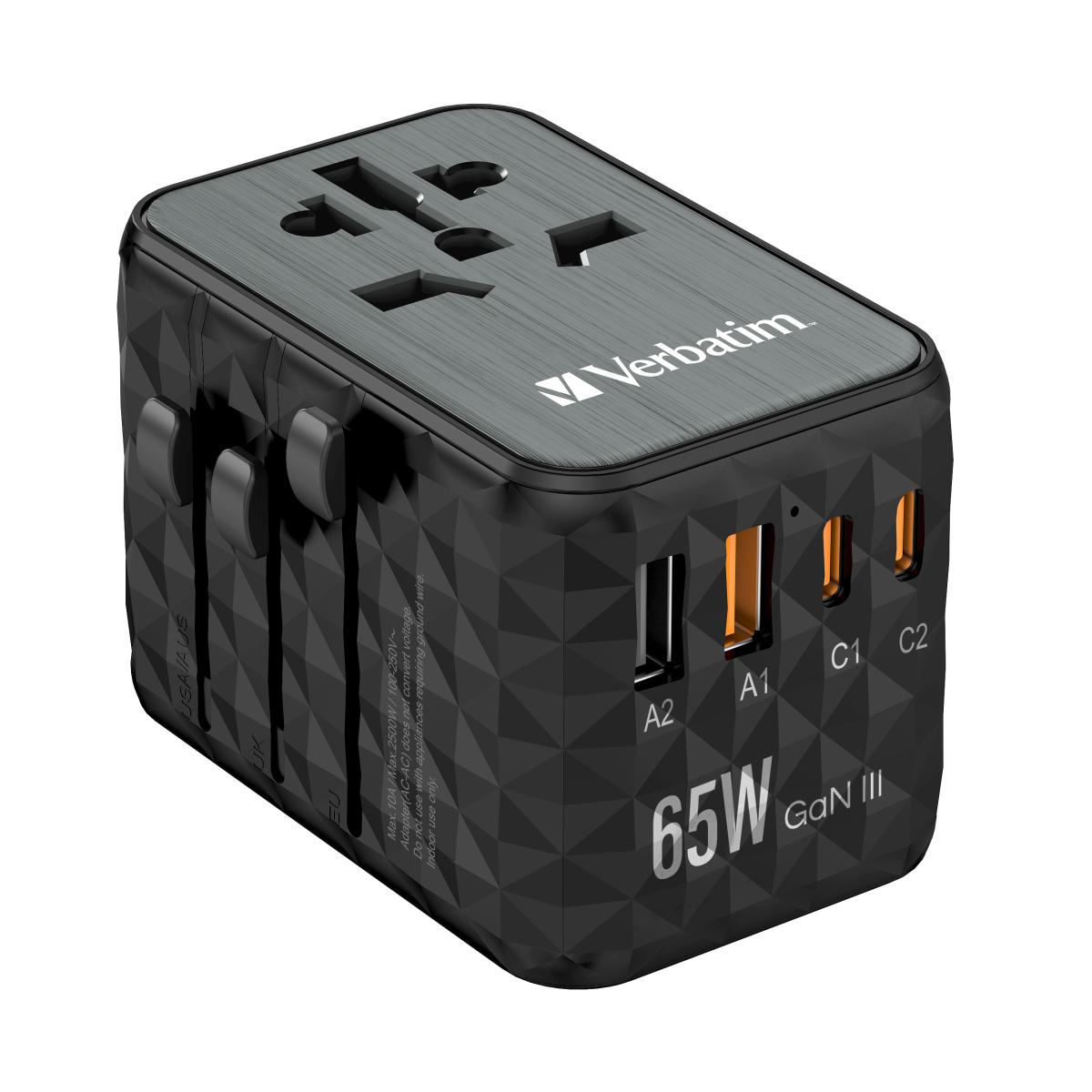 Verbatim UTA-05 65W GaN III Universal Travel Adapter with 2 x USB-C PD & QC 4+ & 2 x USB-A ports