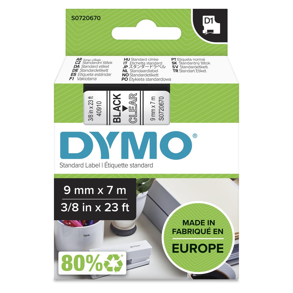 DYMO Authentic D1 Labels | Black Print on Clear Tape | 9 mm x 7 m | Self-Adhesive Labels for LabelManager Label Makers | Made in Europe