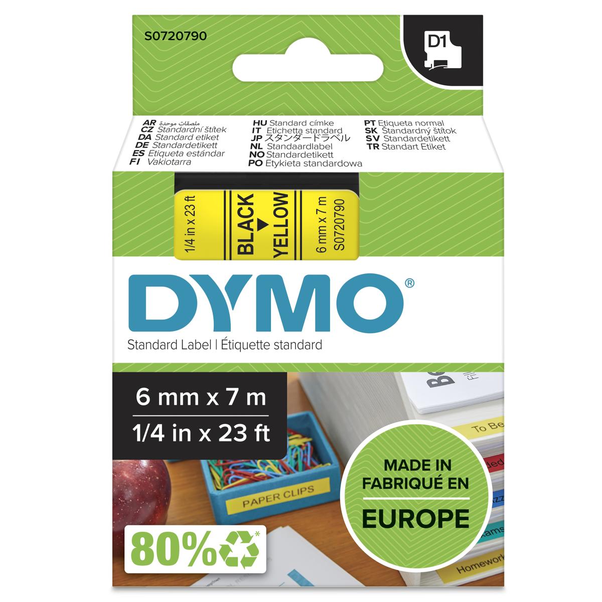 DYMO Authentic D1 Labels | Black Print on Yellow Tape | 6 mm x 7 m | Self-Adhesive Labels for LabelManager Label Makers | Made in Europe