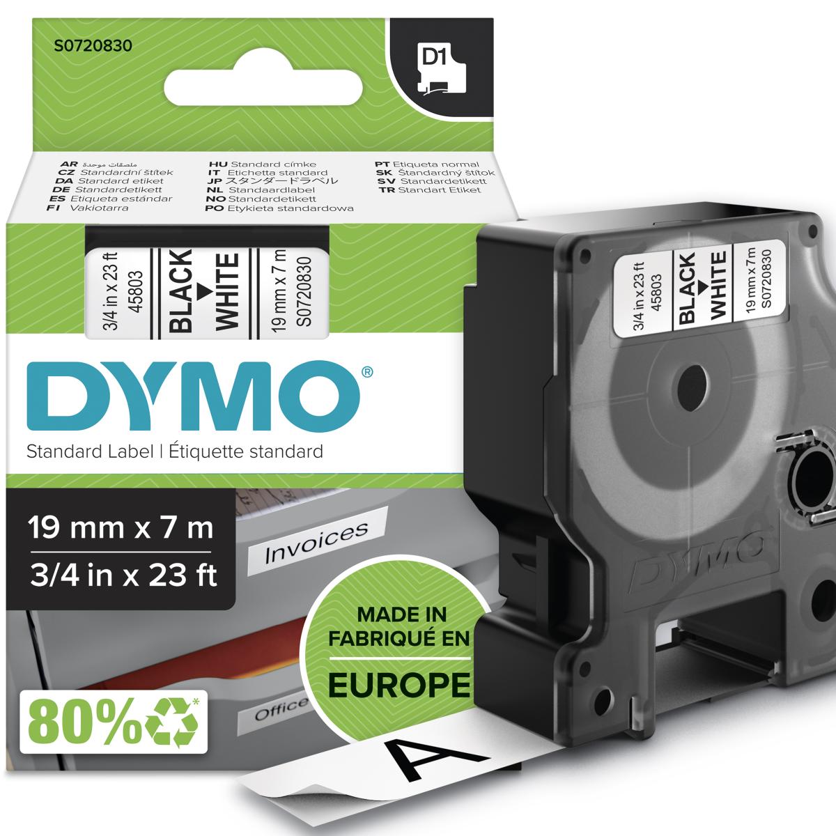 DYMO Authentic D1 Labels | Black Print on White Tape | 19 mm x 7 m | Self-Adhesive Labels for LabelManager Label Makers | Made in Europe