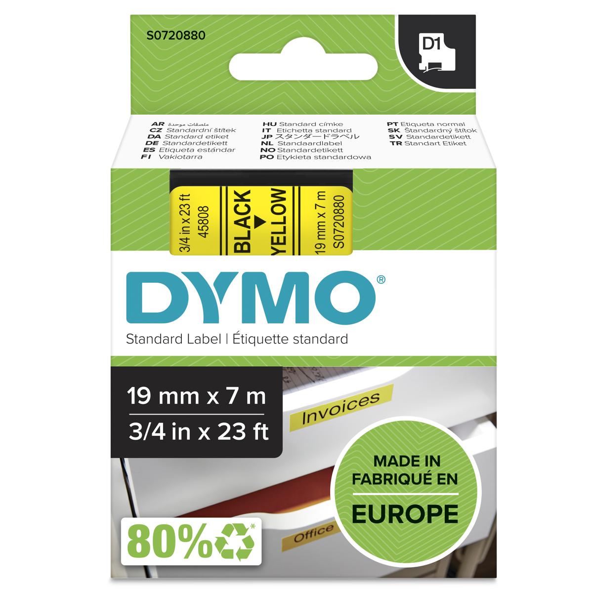 DYMO Authentic D1 Labels | Black Print on Yellow Tape | 19 mm x 7 m | Self-Adhesive Labels for LabelManager Label Makers | Made in Europe