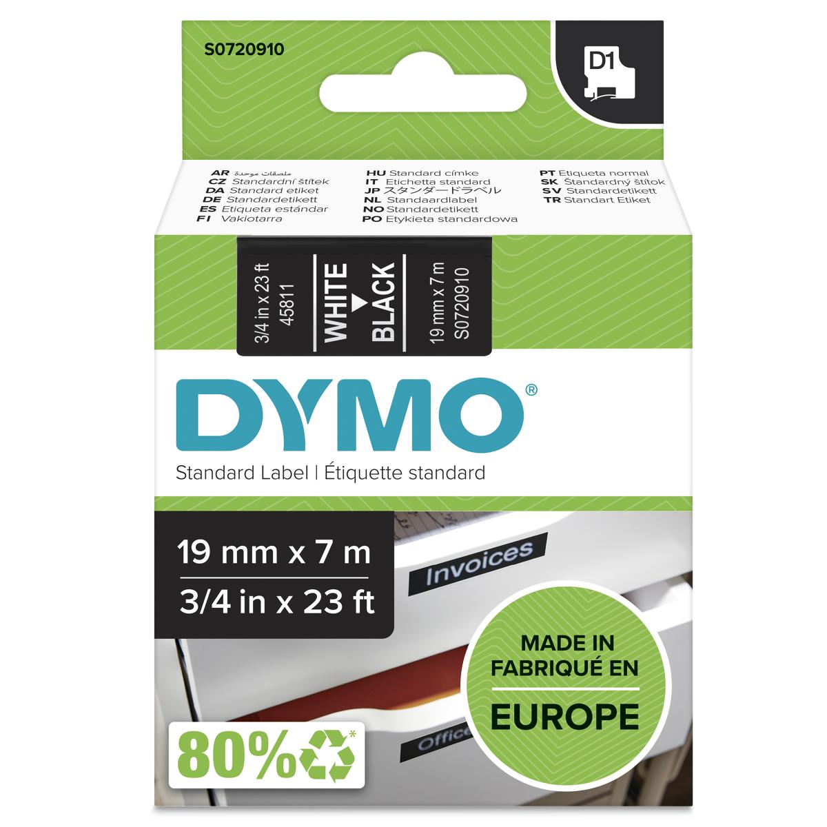DYMO Authentic D1 Labels | White Print on Black Tape | 19 mm x 7 m | Self-Adhesive Labels for LabelManager Label Makers | Made in Europe
