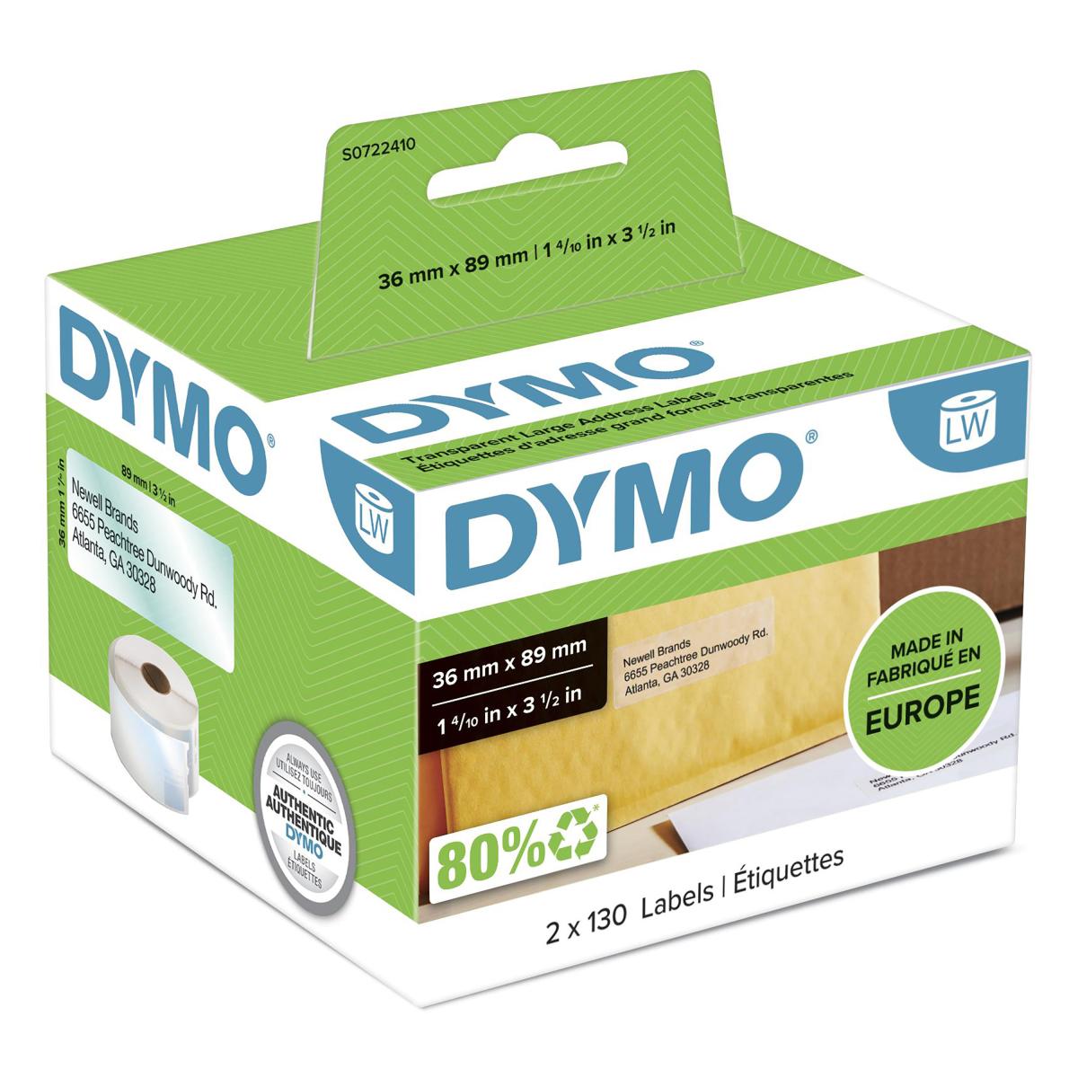 DYMO Authentic LabelWriter Large Address Labels | 36mm x 89mm | Black Print on Clear Labels | 2 Rolls of 130 (260 Easy-Peel Labels) | Self-Adhesive | for LabelWriter Label Makers