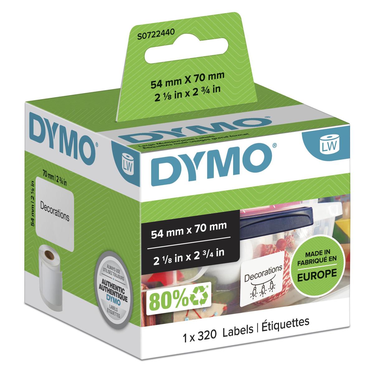 DYMO Authentic LabelWriter Multi-Purpose Labels | 54 mm x 70 mm | Self Adhesive | Roll of 320 Easy-Peel Labels | for LabelWriter Label Makers | Made in Europe