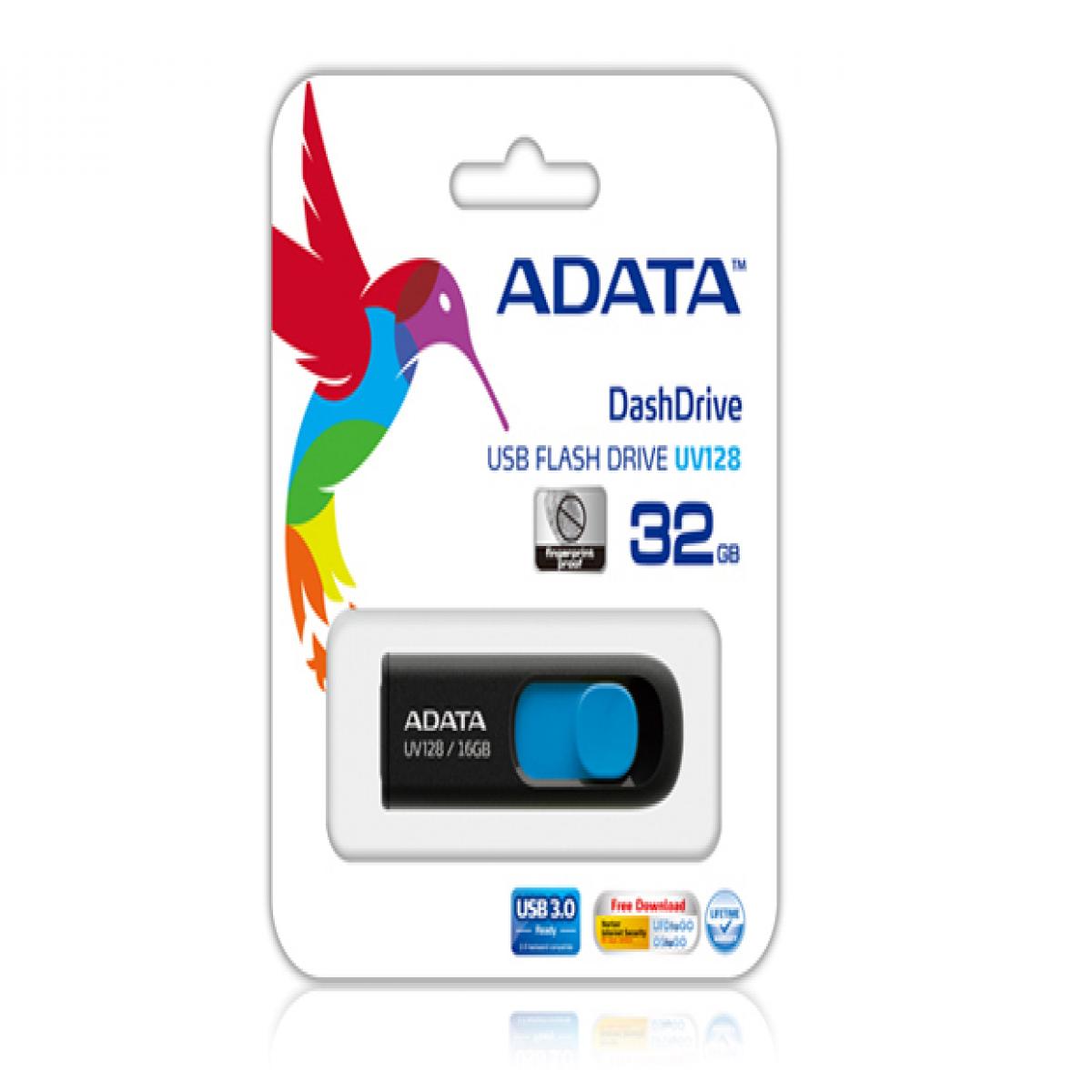 Adata UV128 128GB USB 3.2 Gen 1 Flash Drive, Capless Design, Black/Blue