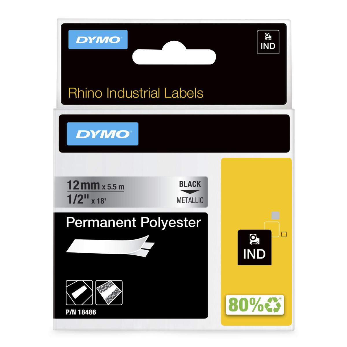 DYMO Rhino Industrial Permanent Polyester Labels | 12mm x 5.5m | Black Print on Metallic | for Rhino & LabelManager Label Makers