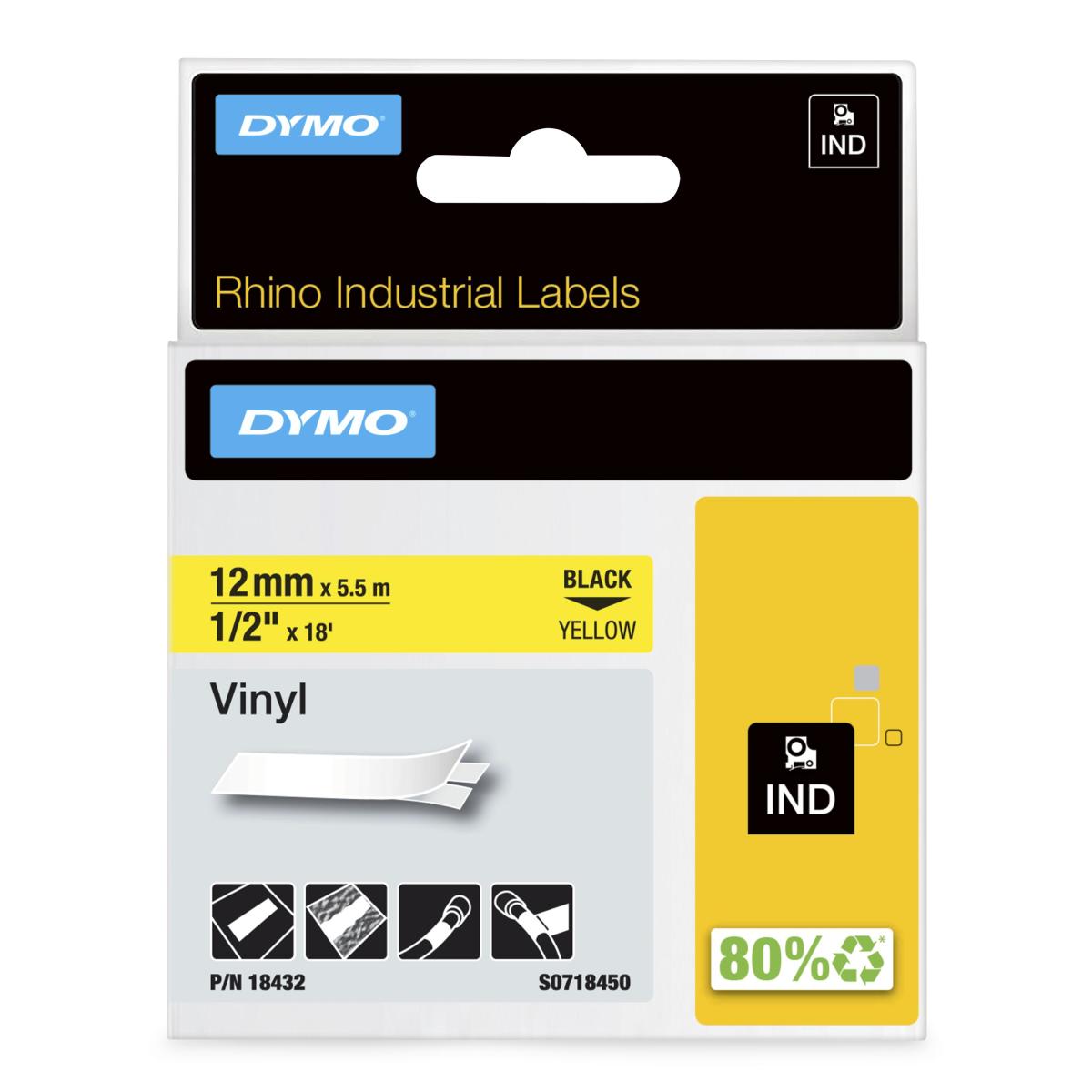 DYMO Rhino Industrial Vinyl Labels | 12 mm x 5.5 m | Black Print on Yellow | Self-Adhesive | for Rhino & LabelManager Label Makers