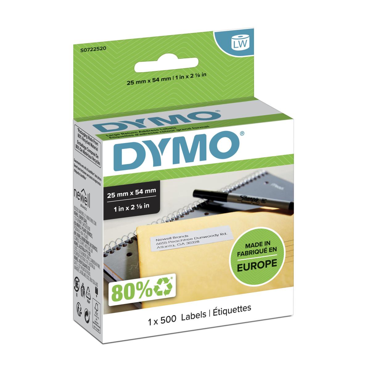 DYMO Authentic LabelWriter Return Address Labels | 25 mm x 54 mm | Self-Adhesive | Roll of 500 Easy-Peel Labels | for LabelWriter Label Makers | Made in Europe