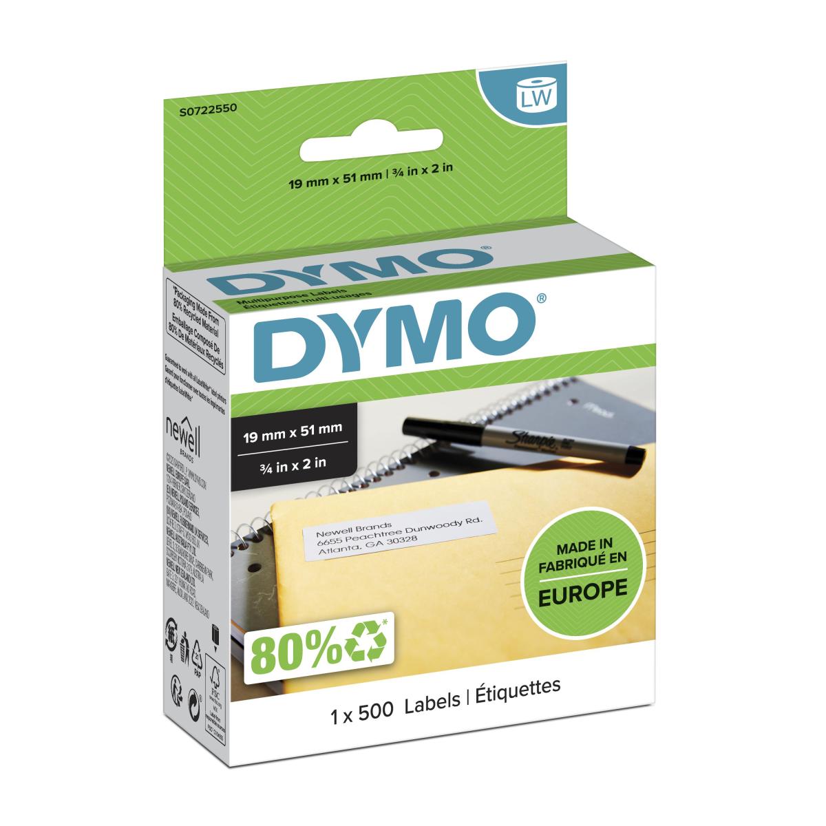 DYMO Authentic LabelWriter Small Multi-Purpose Labels | 19 mm x 51 mm | Self-Adhesive | Roll of 500 | Easy-Peel Labels | for LabelWriter Label Makers | Made in Europe