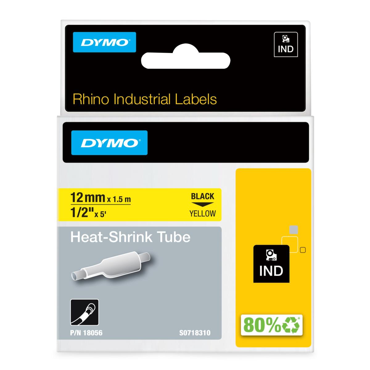 DYMO Rhino Industrial Heat-Shrink Cable Label Tubes | 12 mm x 1.5 m | Black Print on Yellow | for Rhino Label Makers