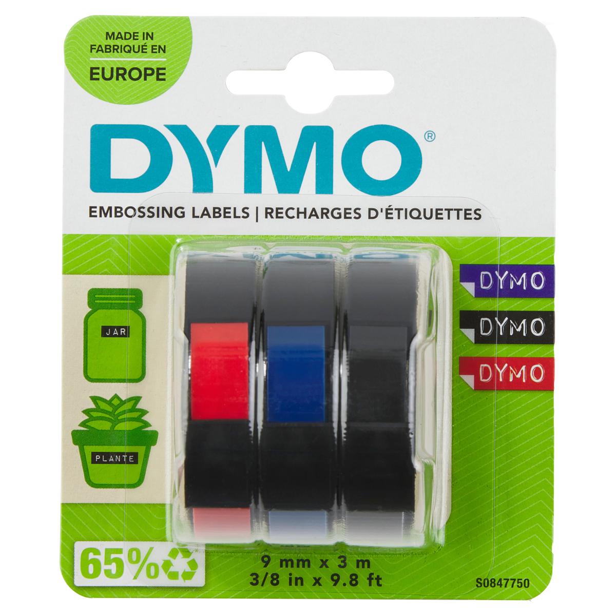 DYMO Authentic Embossing Labels | 9mm x 3m | BlackBlue & Red Self-Adhesive Labelling Tape | for Embossing Label Makers | 3 Count | Made in Europe