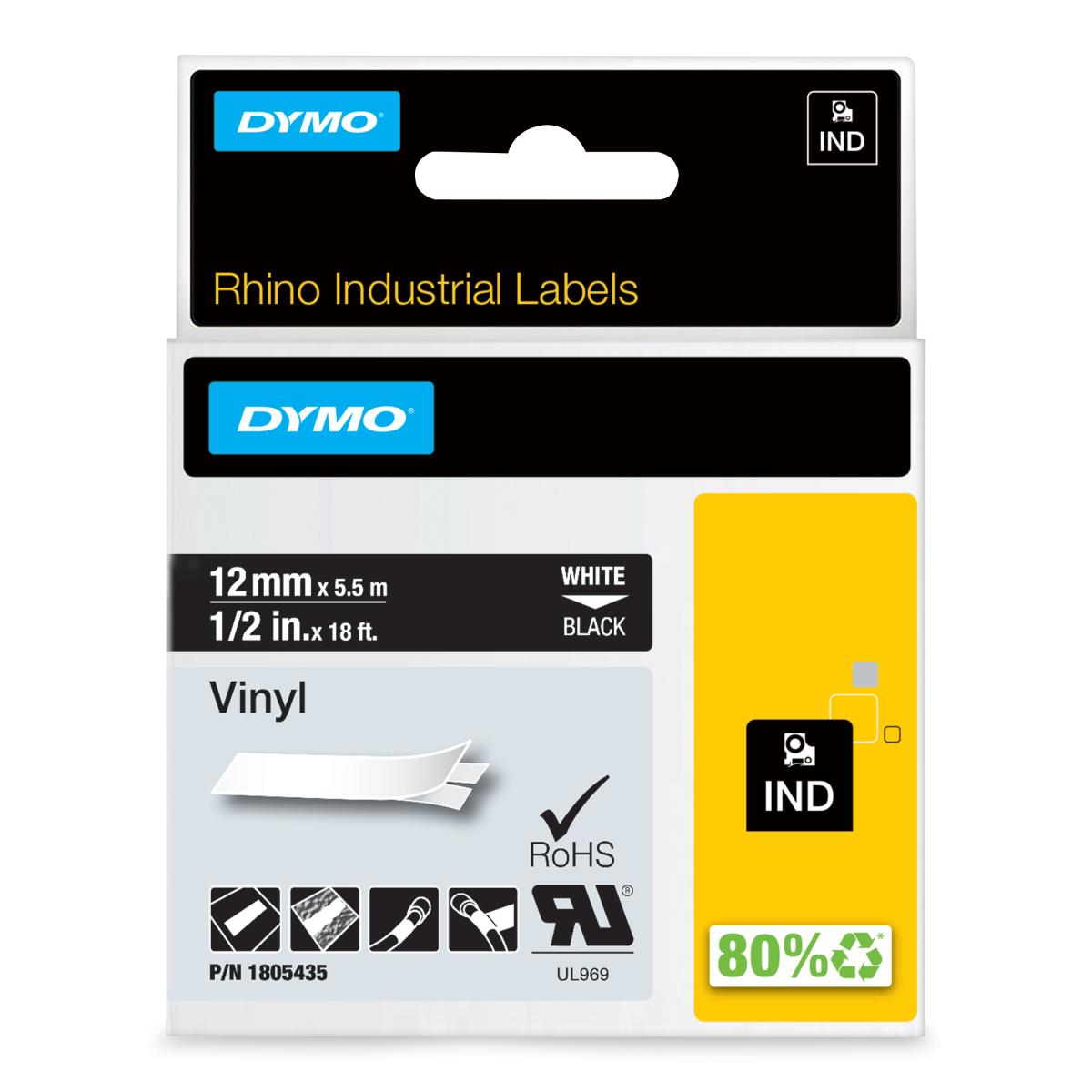 DYMO Rhino Industrial Vinyl Labels | 12 mm x 5.5 m | White Print on Black | Self-Adhesive | for LabelManager & Rhino Label Makers
