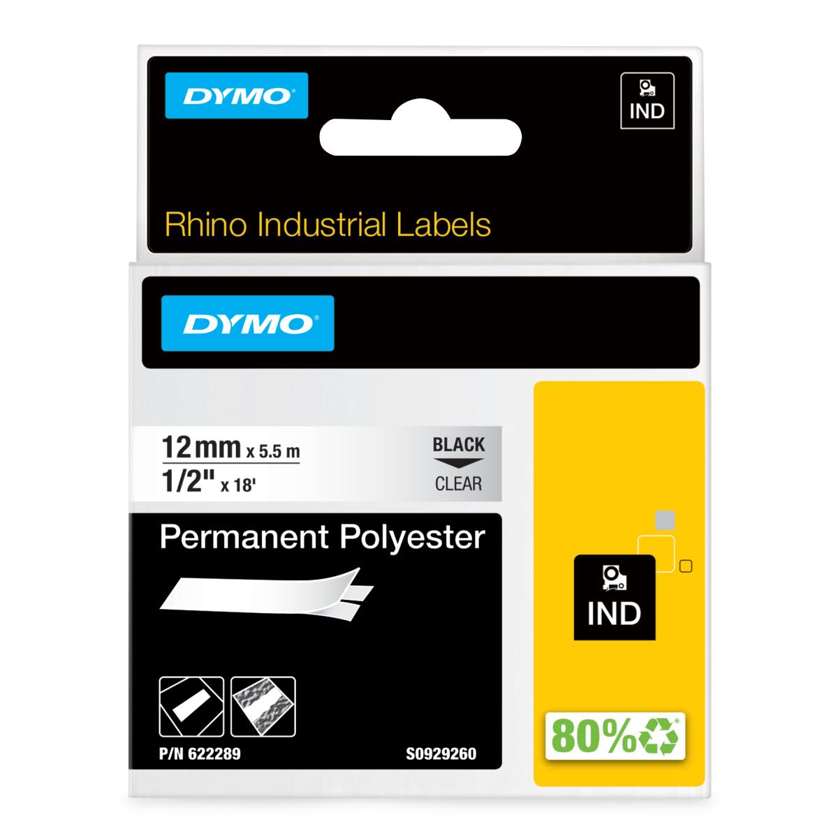 DYMO Rhino Industrial Permanent Polyester Labels | 12 mm x 5.5 m | Black Print on Clear | Self-Adhesive | for LabelManager & Rhino Label Makers