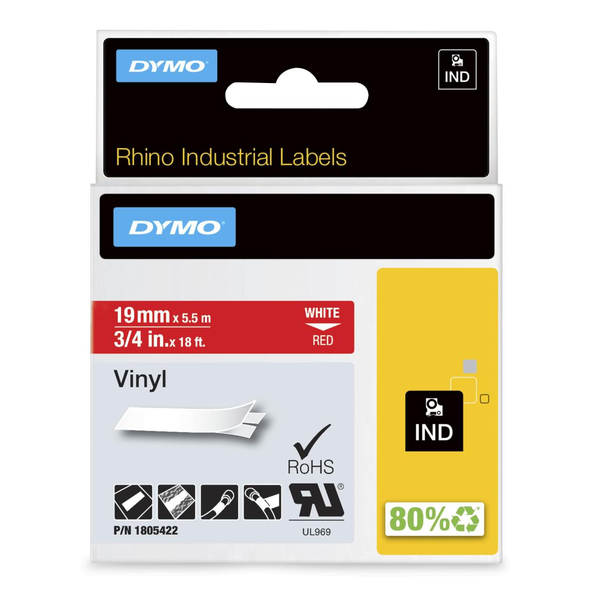 DYMO Rhino Industrial Vinyl Labels | 19 mm x 5.5 m | White Print on Red | Self-Adhesive | for Rhino & LabelManager Label Makers