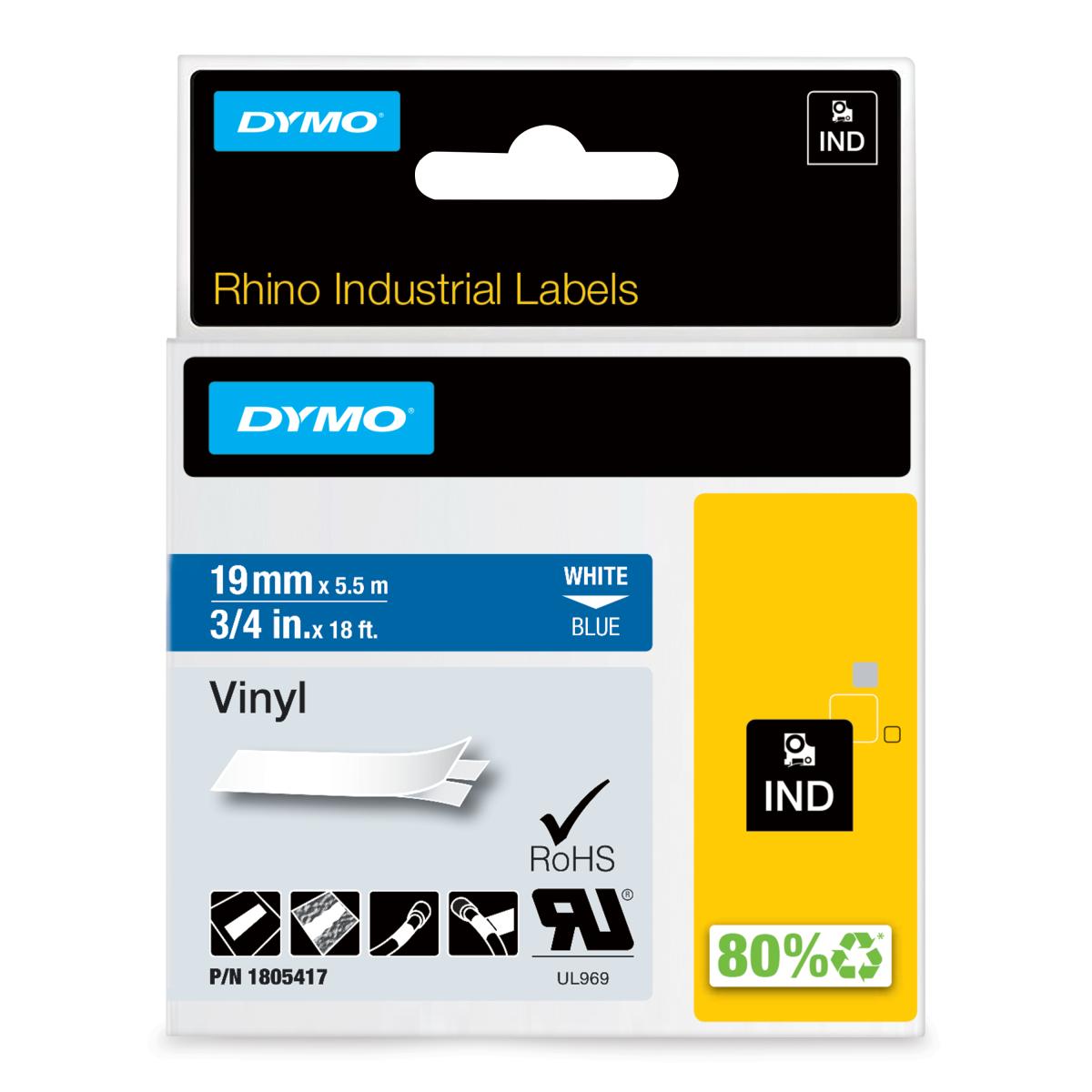 DYMO Rhino Industrial Vinyl Labels | 19 mm x 5.5 m | White Print on Blue | Self-Adhesive | for LabelManager & Rhino Label Makers