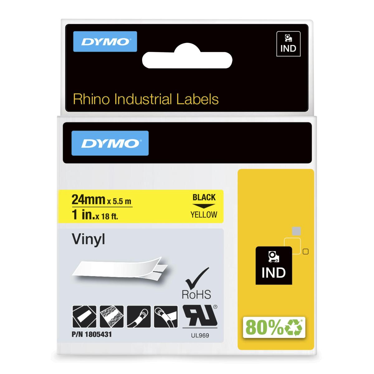 DYMO Rhino Industrial Vinyl Labels | 24 mm x 5.5 m | Black Print on Yellow | Self-Adhesive | for LabelManager & Rhino Label Makers