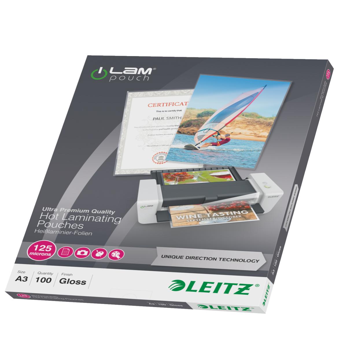 Leitz iLAM Ultra-premium Glossy A3 Laminating Pouches with UDT, 125 microns, Pack of 100